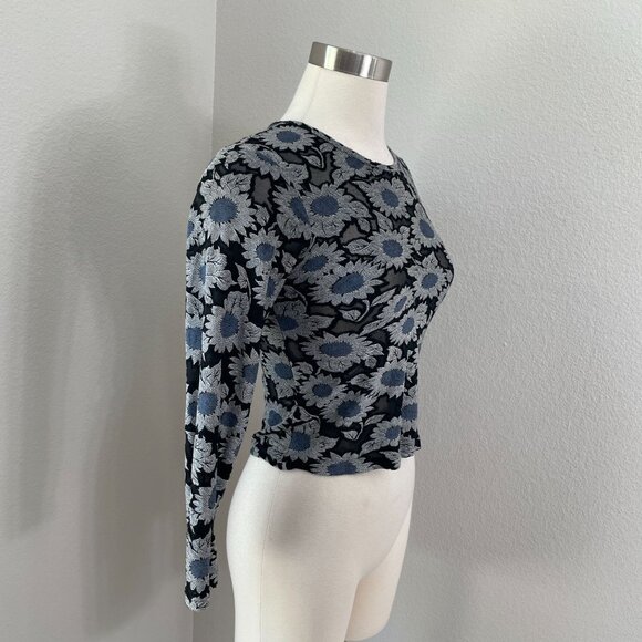 Vintage Y2K Charlotte Russe Small Daisy Floral Sheer Mesh Long Sleeve Top - Picture 2 of 10